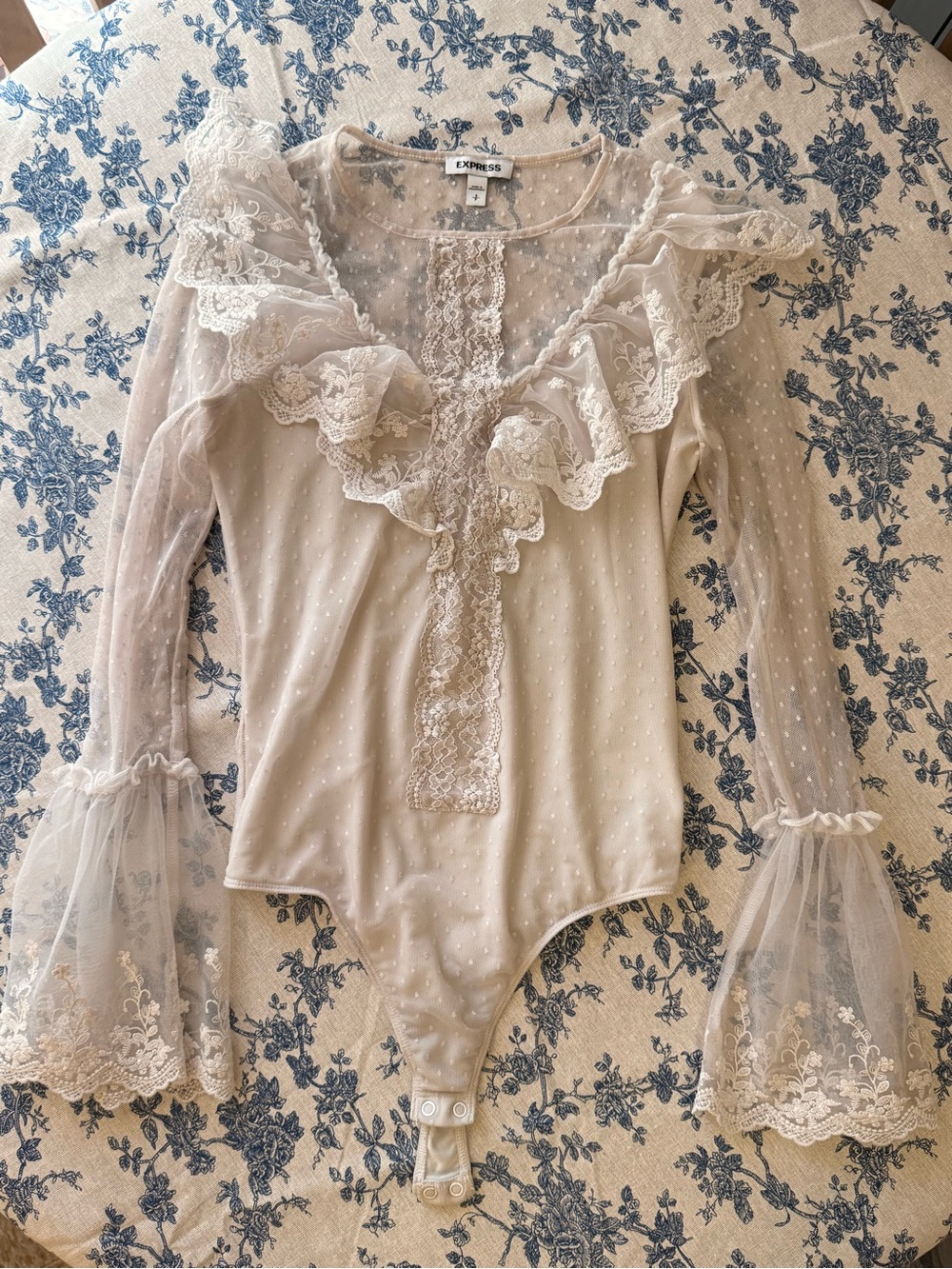 Express Cream Lace Ruffle Mesh Long-Sleeve Bodysuit